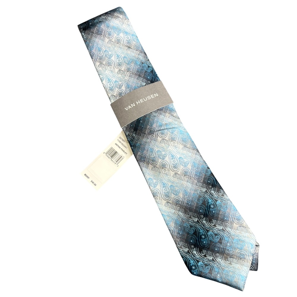 Van Heusen Mens Anthia Paisley Silk Tie Blue Silver Black NEW